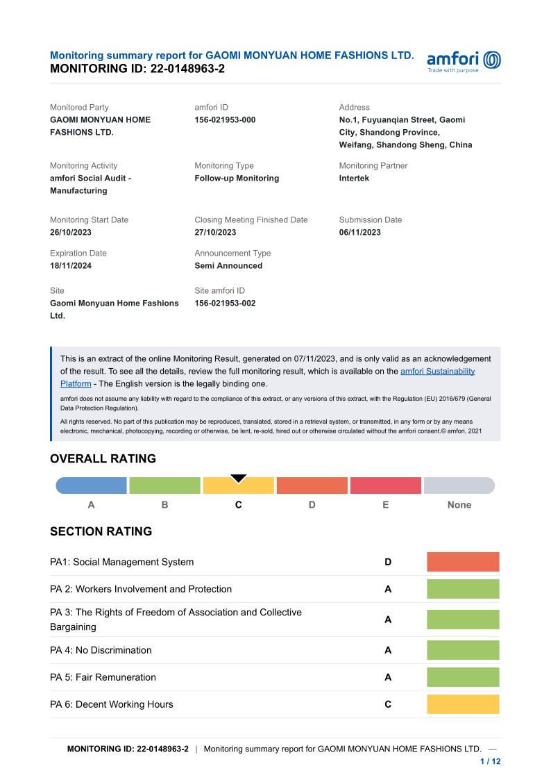 China Gaomi Monyuan Home Fashions Ltd. Certificações